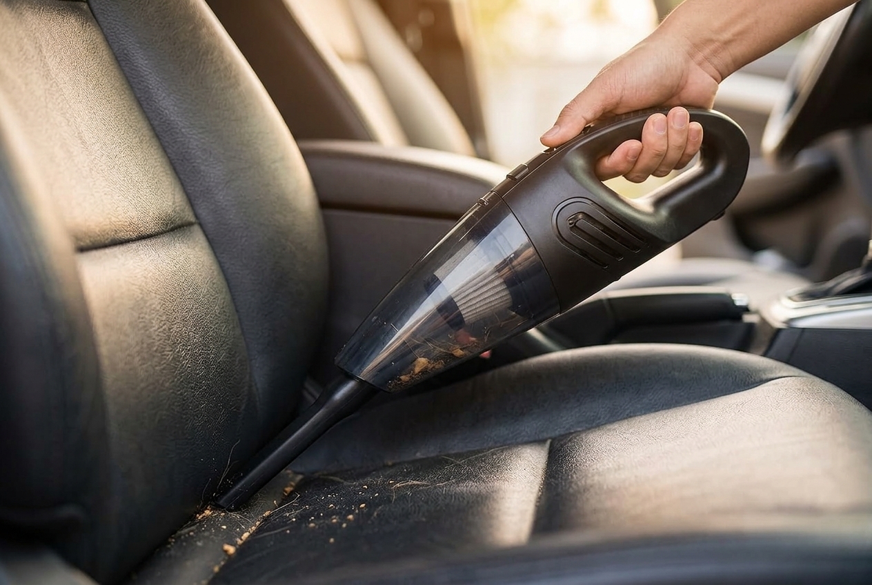 Handheld vacuum with crevice nozzle cleaning dirt from leather car seat gap