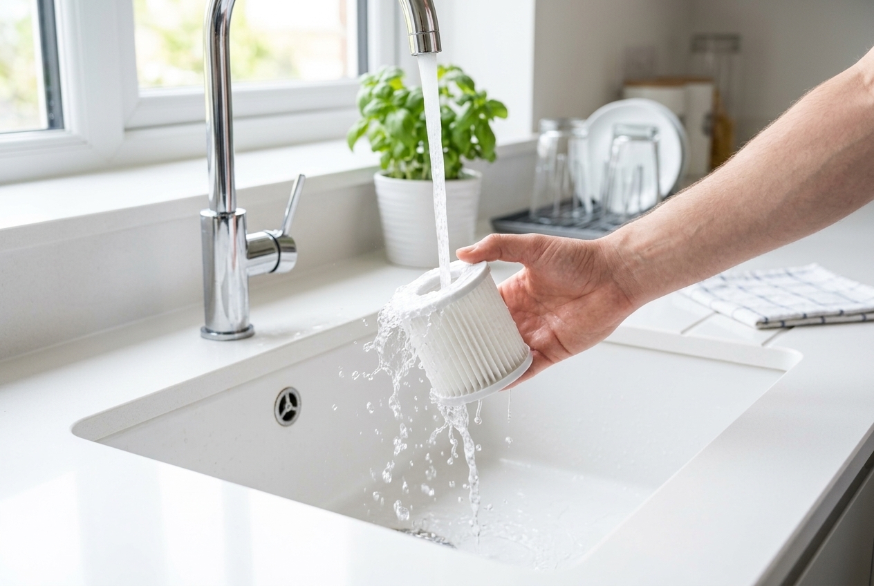 HEPA vacuum filter being rinsed clean under running water in a kitchen sink