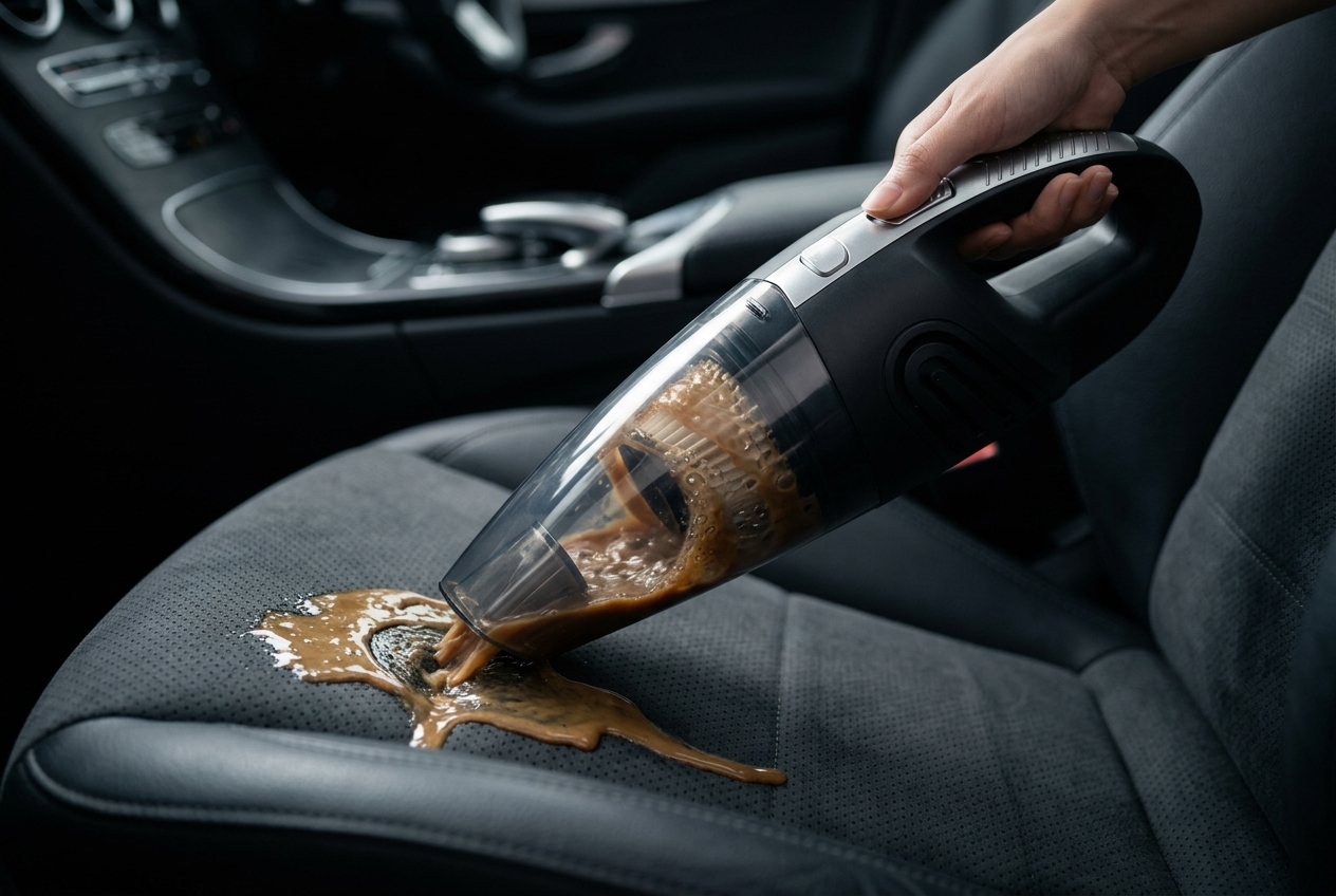 Handheld car vacuum actively suctioning a coffee spill from a dark car seat